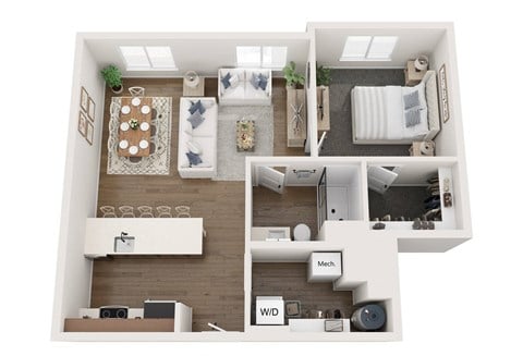 Floor plan for 1 bed, 1 bath, 766 sqft